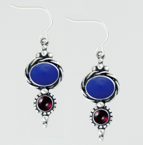 Sterling Silver Drop Dangle Earrings With Blue Onyx And Garnet